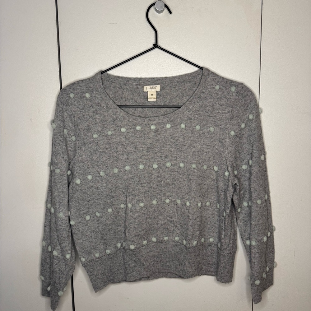 J. Crew Grey Wool Cashmere cropped sweater with blue pom poms